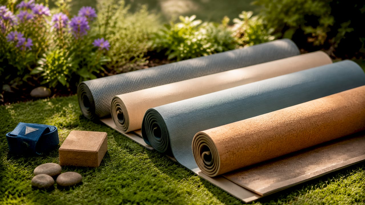 Overhead view of eco-friendly yoga mats variety