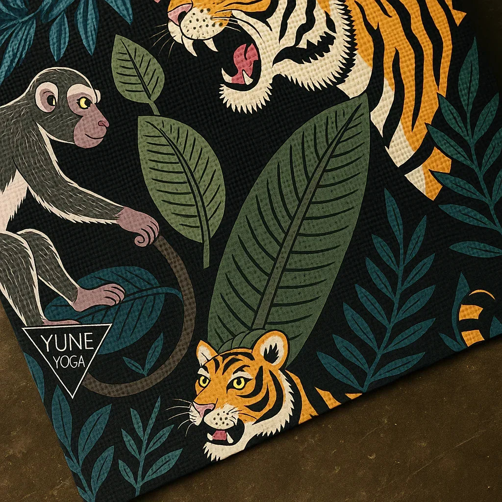 Nature-inspired yoga mat design with illustrated tiger, monkey, and tropical leaves